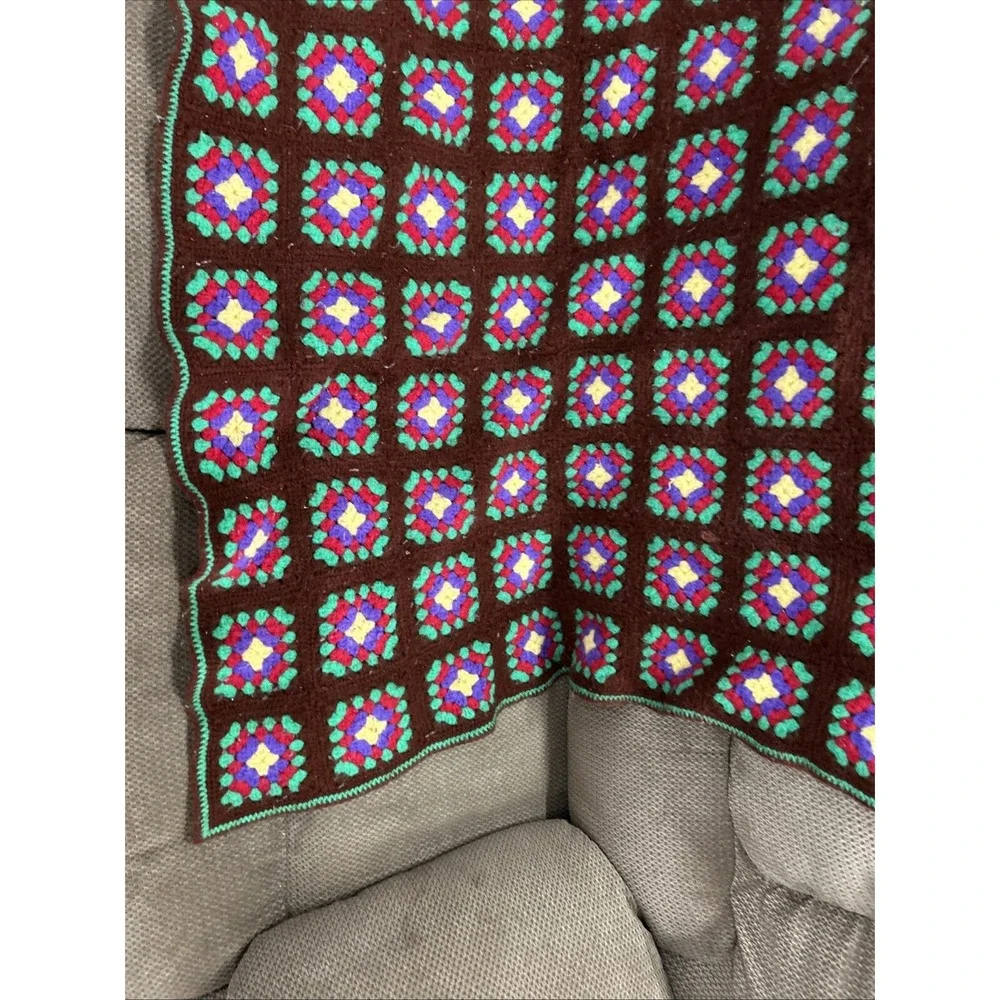 Vtg 70s Brown Multicolor Flower Square Afghan Blanket Granny Crochet Throw 48x60